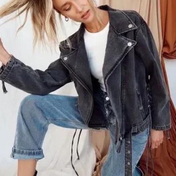 12th Tribe Washed Black Denim Moto Jacket - Picture 2 of 9